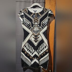 Express Sequin Geometric Mini Dress in Black, White & Gold